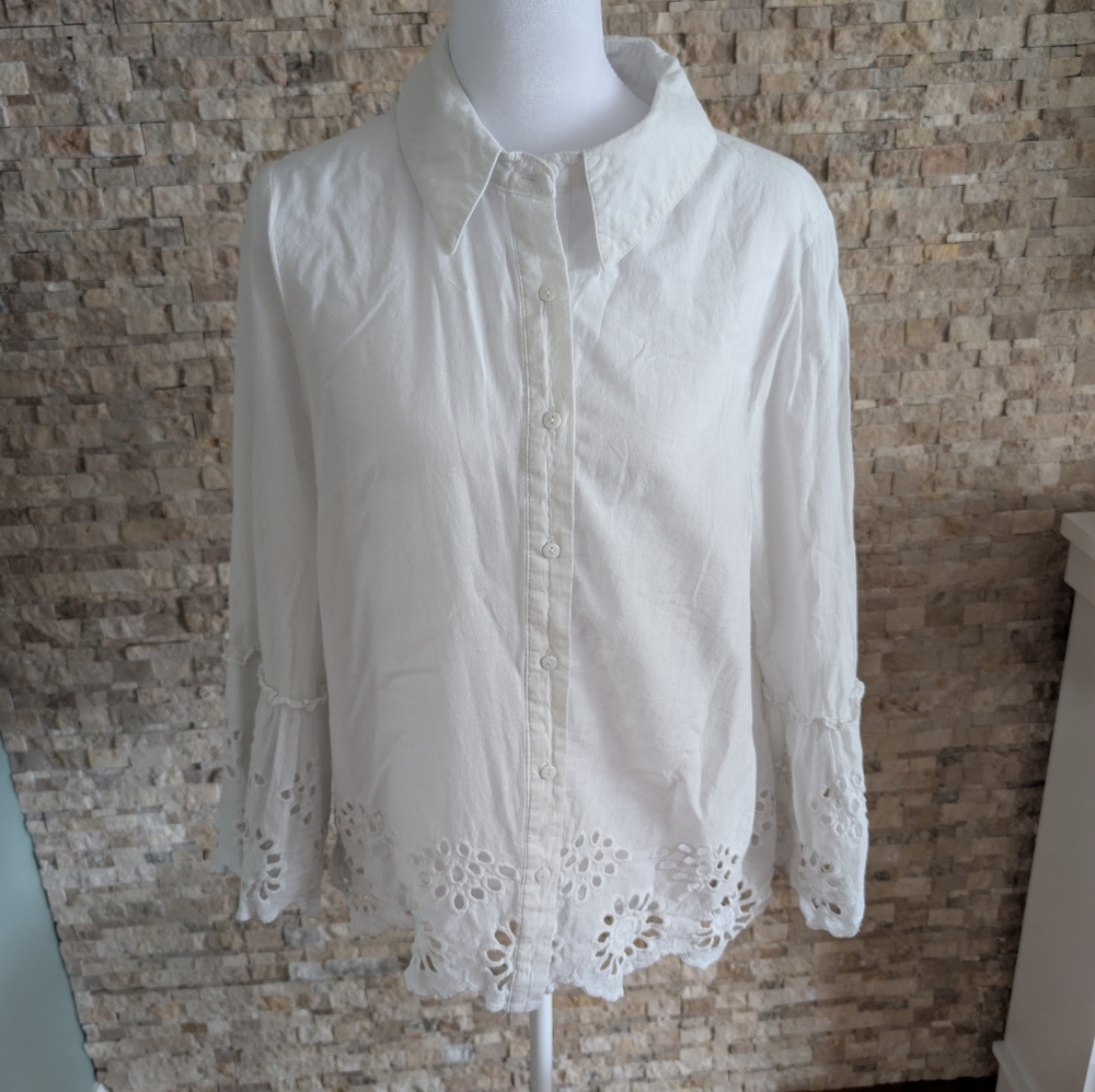 Liv Los Angeles Eyelet Button Up Blouse Bell Sleeve Boho Chic 100% Cotton Sz L